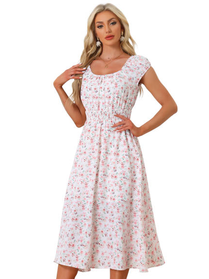 Allegra K - Floral Square Neck Flare Midi Dress