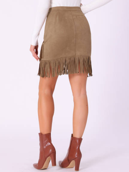 Allegra K - Faux Suede Fringe Trim Mini Skirt