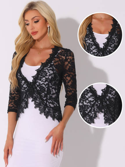 Allegra K- Floral Lace 3/4 Sleeve Bolero Cardigan