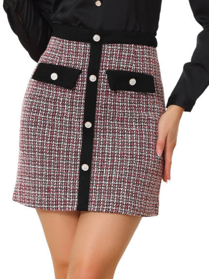 Allegra K- Plaid Tweed Button Decor Mini Skirt