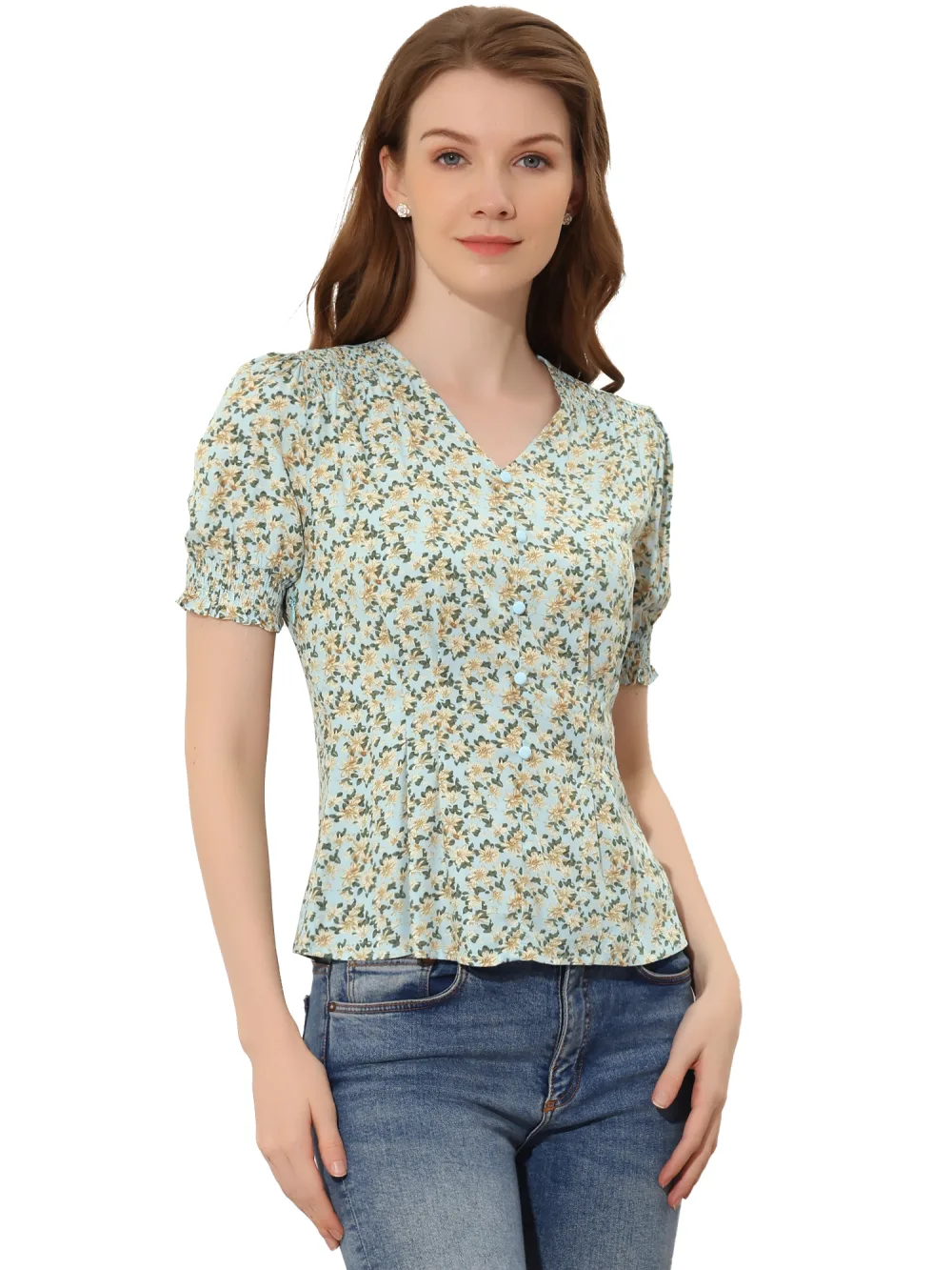 Allegra K - Short Sleeve Button Decor Ruffle Top