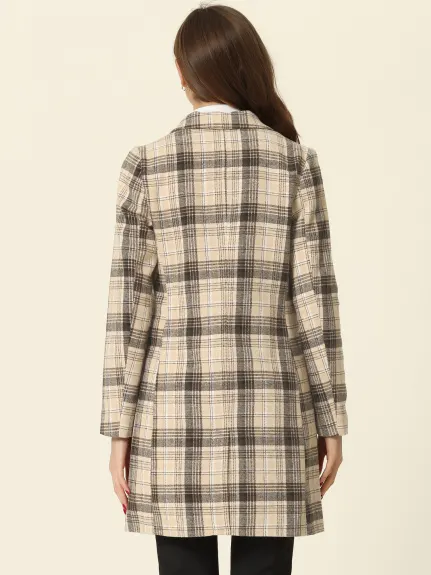 Allegra K- Notched Lapel Double Breasted Plaid Blazer