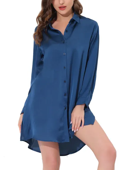 cheibear - Button Down Shirt Dress Satin Nightgown