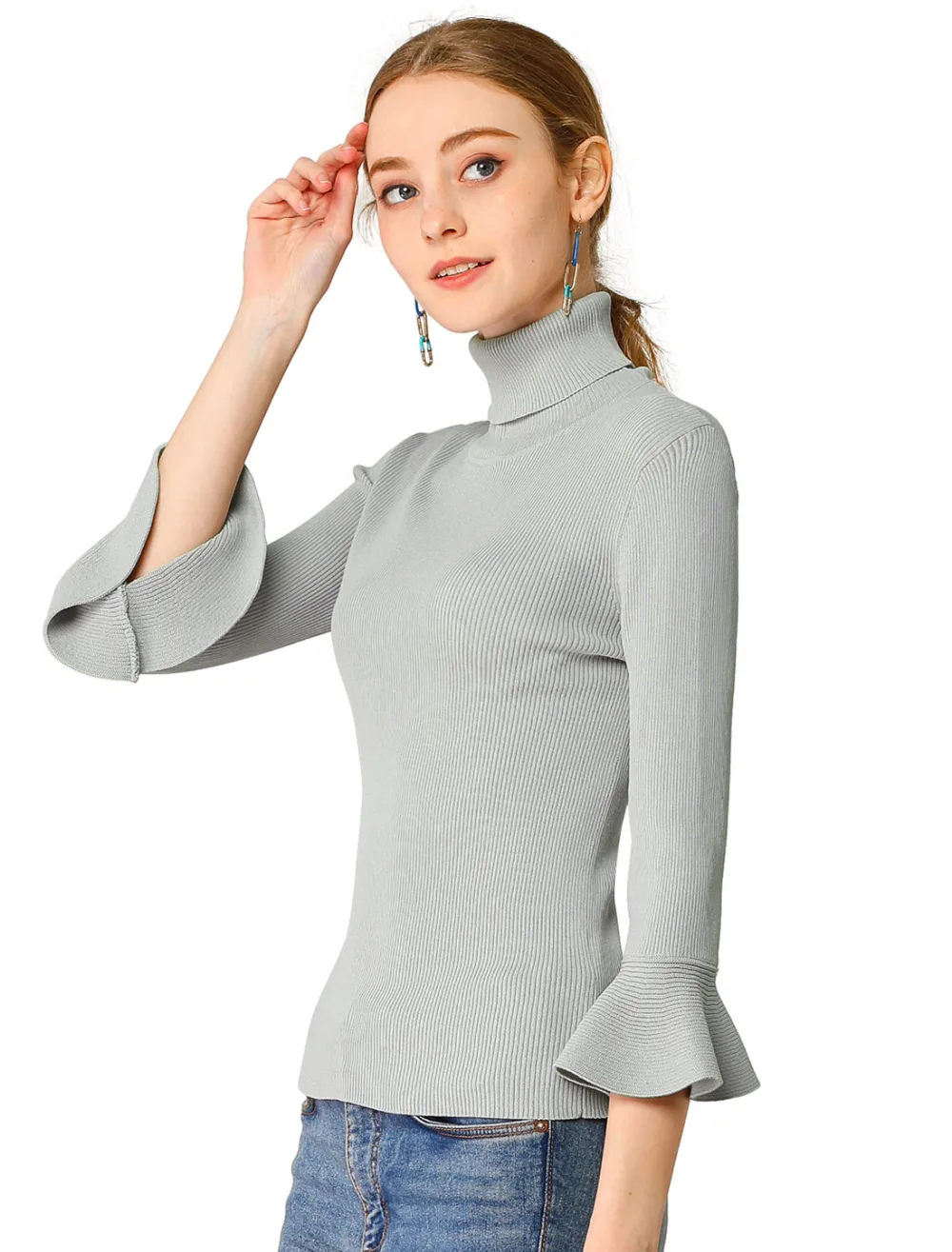 Allegra K- Pull à col roulé et manches 3/4 à volants en tricot côtelé fin