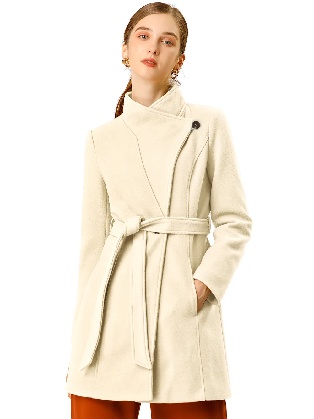 Allegra K- Classic Stand Collar Belted Long Coat