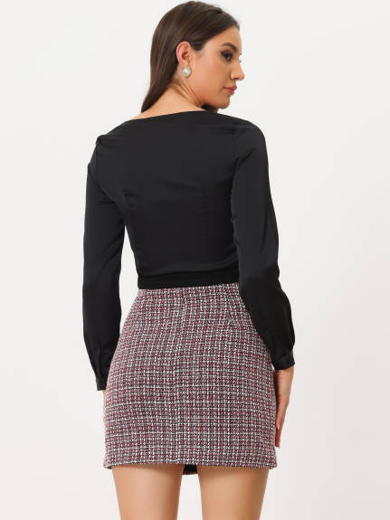 Allegra K- Plaid Tweed Button Decor Mini Skirt