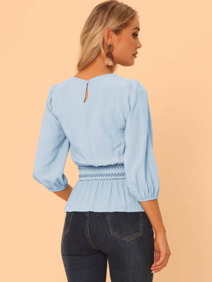 Allegra K- Peplum 3/4 Sleeve Smocked Waist Blouse