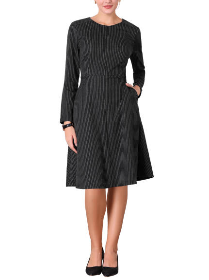 Hobemty - Striped Zipper Neck A-Line Fall Dress