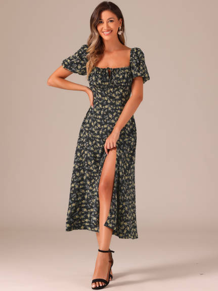 Allegra K - Robe longue à fleurs avec col noué et manches bouffantes fendues