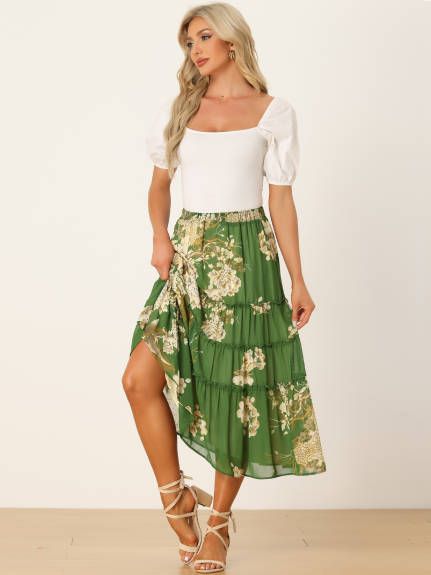 Allegra K- Floral Tiered A-Line Long Chiffon Skirt