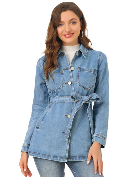 Allegra K- Raglan Sleeves Tie Belt Waist Denim Jacket