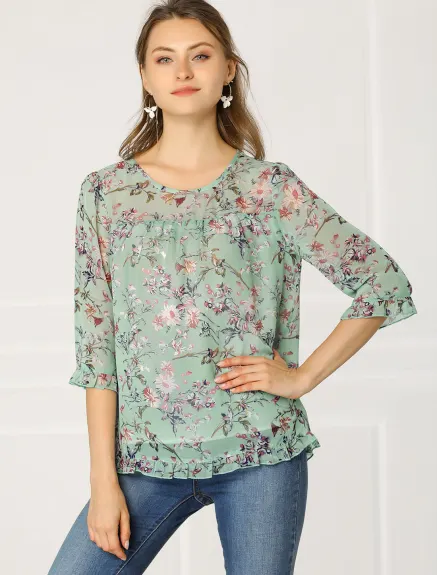 Allegra K- Floral Ruffled 3/4 Sleeve Chiffon Blouse