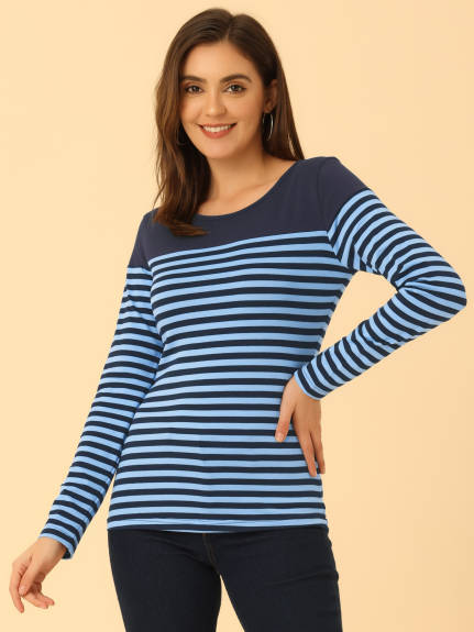 Allegra K- Color Block Long Sleeve Stripe T-Shirt