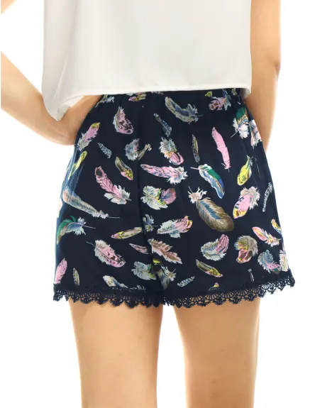 Allegra K - Summer Floral Printed Lace Trim Beach Shorts