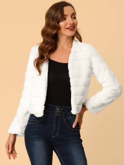 Allegra K- Cropped Collarless Faux Fur Fluffy Coat Jacket