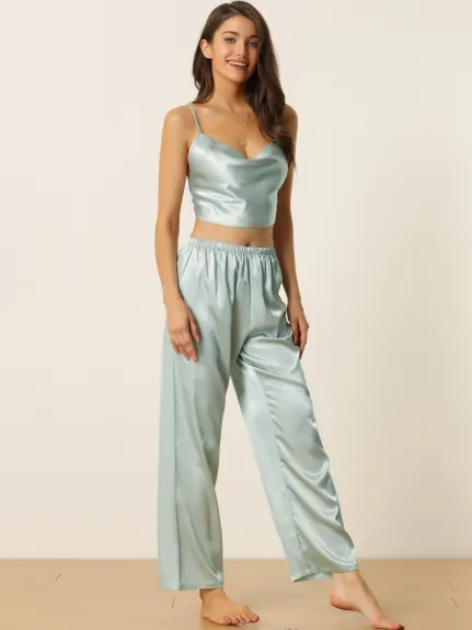 cheibear - Cowl Neck Crop Cami Top with Pants Lounge Set