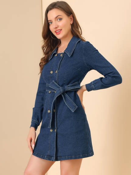 Allegra K- Turnover Collar Double Breasted Button Belted Dress