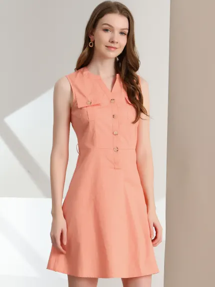 Allegra K- Belted Sleeveless Flared A-Line Shirt Dress