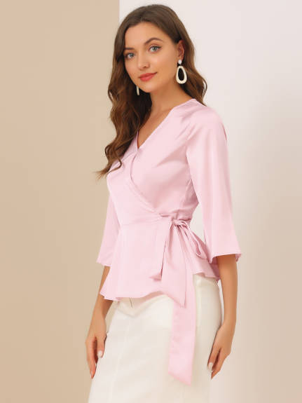 Allegra K- Bow Tie Waist Satin 3/4 Sleeve Wrap Peplum Blouse