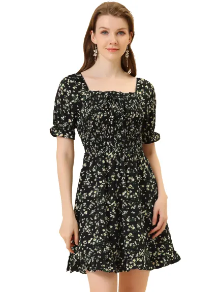 Allegra K- Puff Sleeve Square Neck Ruffled Hem Floral Smocked Dress