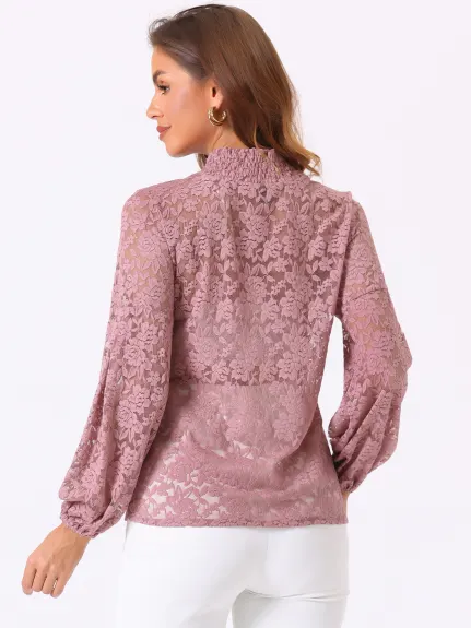 Allegra K- Ruffle Mock Neck Floral Lace Sheer Blouse