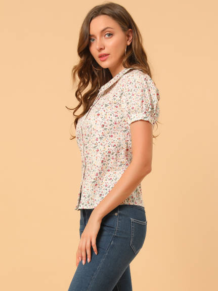 Allegra K- Puff Sleeve Turndown Collar Floral Blouse