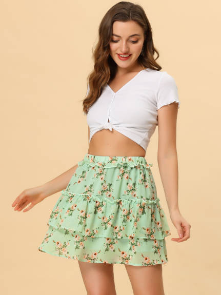 Allegra K- Layered Ruffle Elastic Waist Floral Mini Skirt