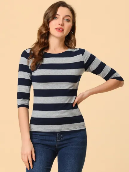 Allegra K- Boat Neck Elbow Sleeve Slim Fit Stripe T-Shirt