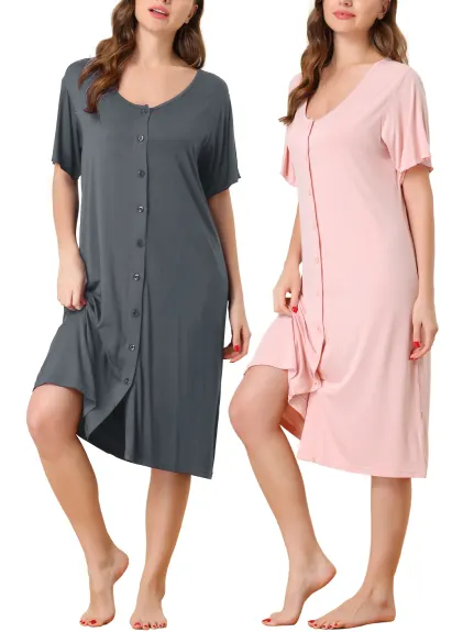 cheibear - Summer Button Down Nightgown 2-Pack, Deep Gray