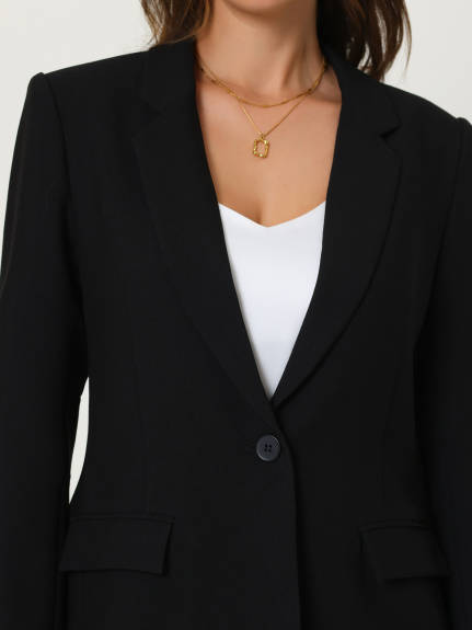 Hobemty - Solid One Button Long Sleeve Blazer