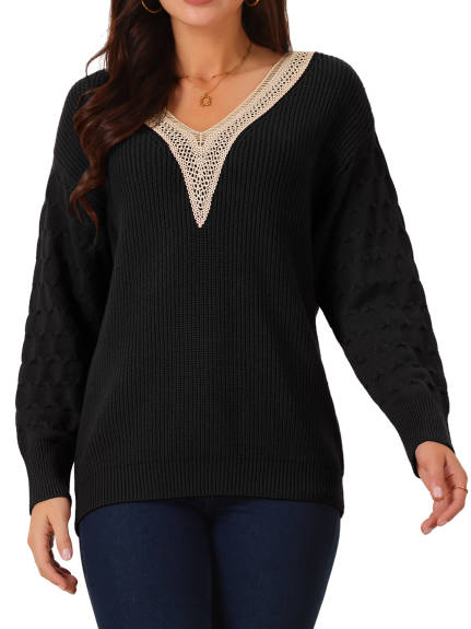 Allegra K - Lace V Neck Drop Shoulder Sweater