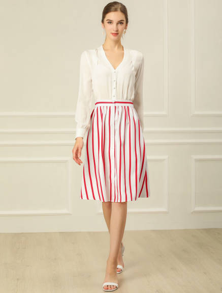 Allegra K - Button A-Line Striped Midi Skirt