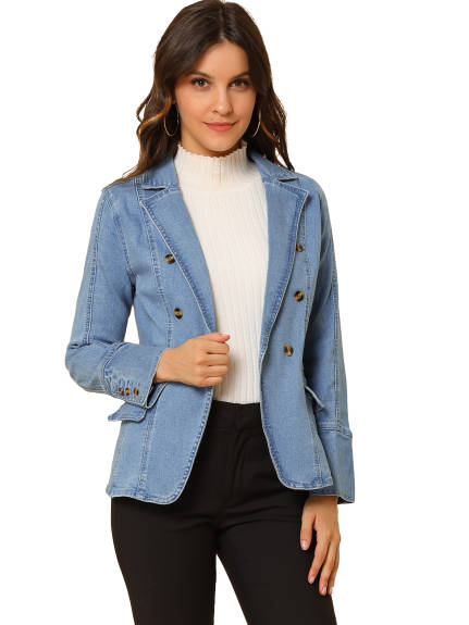 Allegra K- Notched Lapel Button Denim Jacket with Pockets