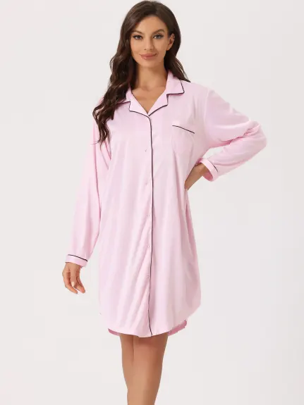 cheibear - Satin Button Down Long Sleeve Shirt Nightgown