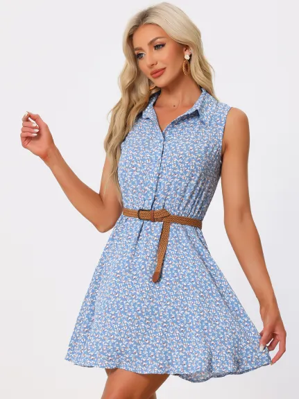 Allegra K- Printed Half Placket Sleeveless Belted Dress