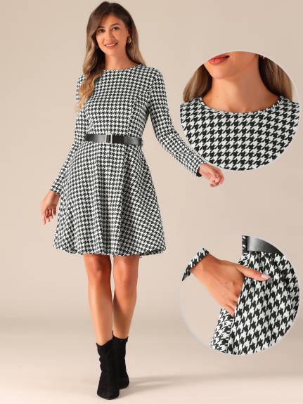 Allegra K - Houndstooth Plaid Long Sleeve A-Line Dress