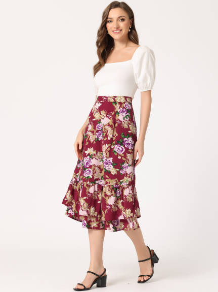 Allegra K- Printed Chiffon Ruffle Tiered Zipper Midi Skirt