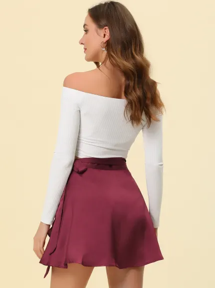 Allegra K- Satin Mini Wrap Skater Skirt