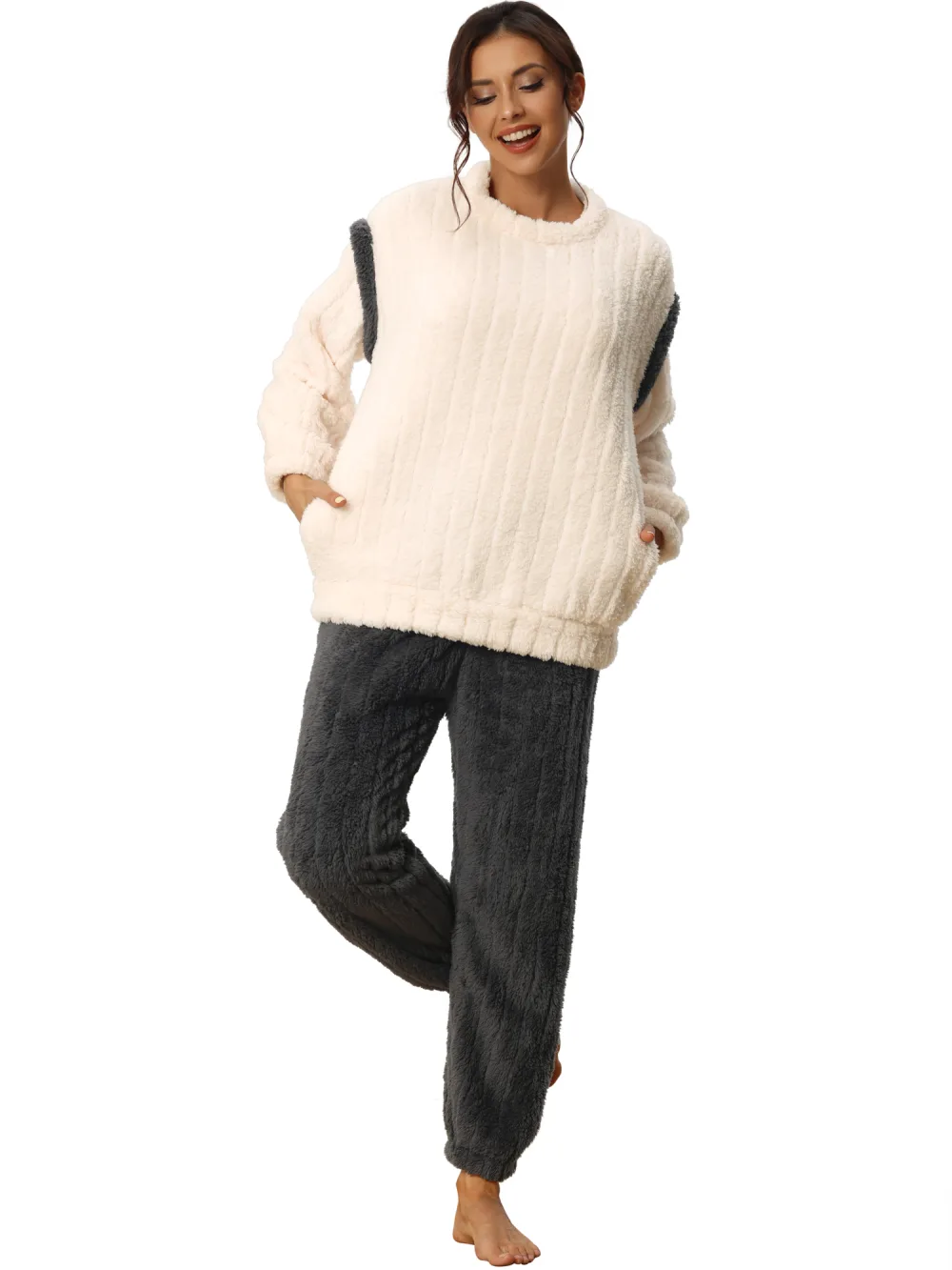 cheibear - Fluffy Fleece Pullover Winter Sleepwear Set