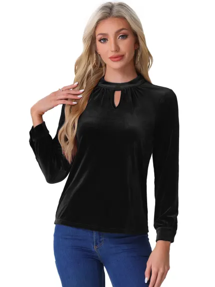 Allegra K - Stand Collar Long Sleeve Velvet Top