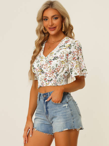 Allegra K - Floral V Neck Smocked Crop Top