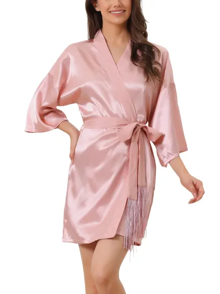 cheibear - 3/4 Sleeves Tie Waist Satin  Night Robe