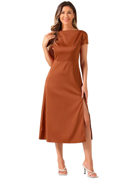 Allegra K - Satin Cowl Neck Cap Sleeve Midi Dress