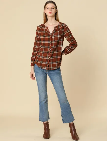 Allegra K- Plaid V Neck Long Sleeve Blouse Shirt