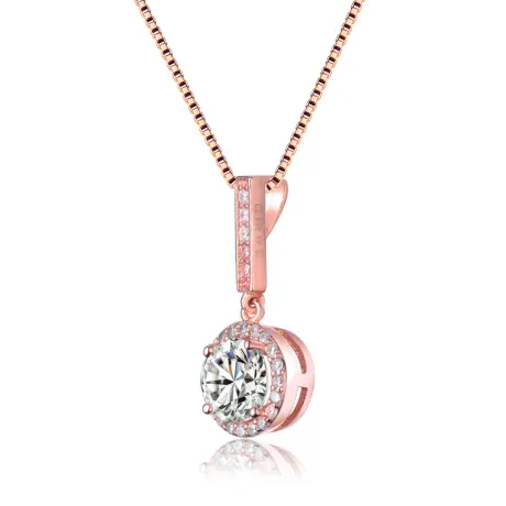 Genevive Sterling Silver White Gold Plated with Clear Round Cubic Zirconia Drop Pendant Necklace