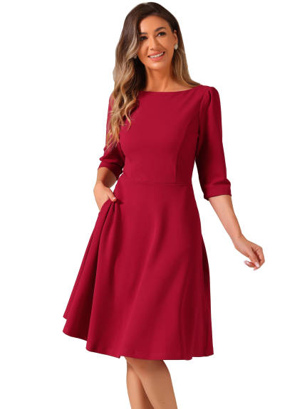 Allegra K - Boat Neck Short Sleeves Midi Office Dress