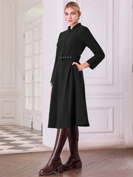 Hobemty - Mock Neck Belted A-Line Dress