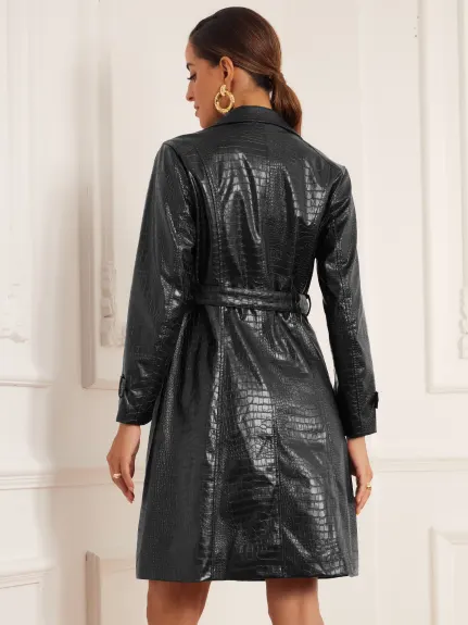 Allegra K - Belted Winter Faux Leather Coat