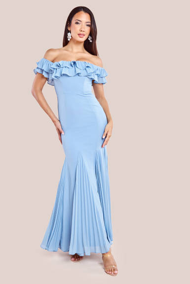 Goddiva - Frilled Off The Shoulder Pleated Chiffon Maxi Dress