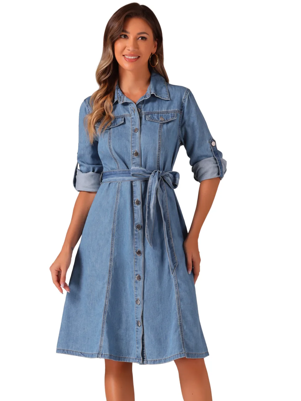 Allegra K - Long Sleeve Button Down Belted Denim Dress